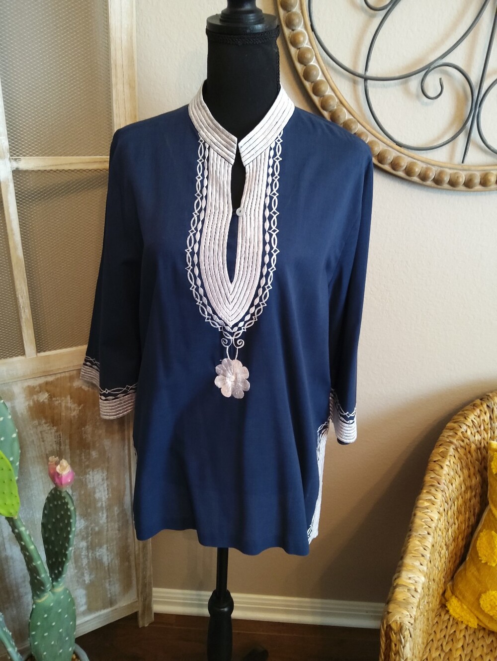 The Carib Women's Navy Embroidered Tunic Top with White Trim